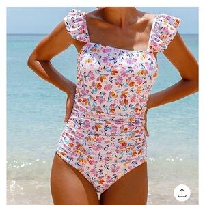 NWT Hilinker From Amazon One Piece Floral Ruffle Shoulder Ruched Sides Size XS